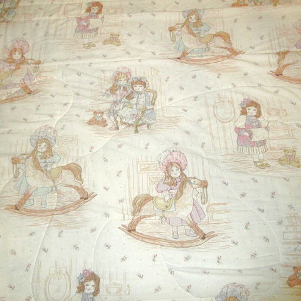 Vtg Victorian Doll Crib Quilt Toddler Bed Reversible Horse Bear Girl Friends
